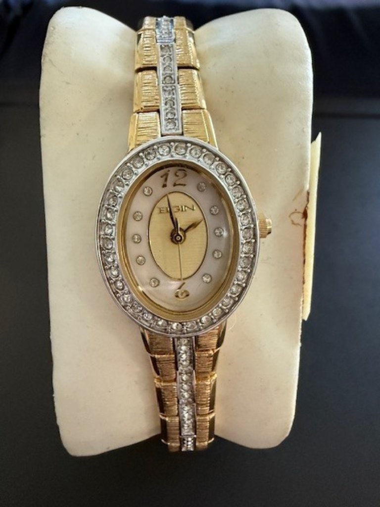 Elgin Womens Oval Yellow Gold Silver Tone Mother Of Pearl Dial Watch Eg501 Nos